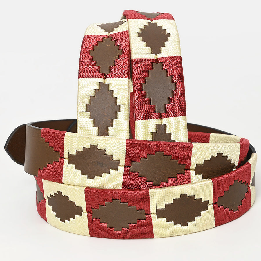 Bar H Equine Western Brown Full Grain Genuine Leather Men & Women Belt Embroidered Maroon Beige with Buckle