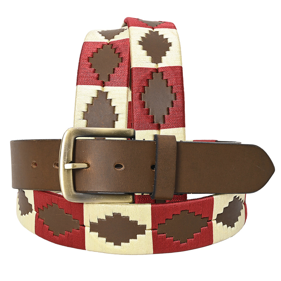 BAR H EQUINE Western Genuine Leather Men And Women Brown Belt Embroidered Maroon and Beige - Uhorse