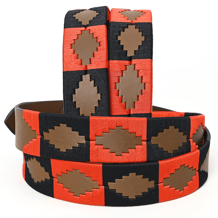 Bar H Equine Western Brown Full Grain Genuine Leather Men & Women Belt Embroidered Red Black Unisex Buckle