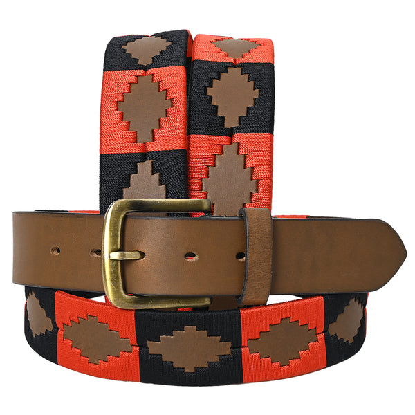 Bar H Equine Western Brown Full Grain Genuine Leather Men & Women Belt Embroidered Red Black Unisex Buckle