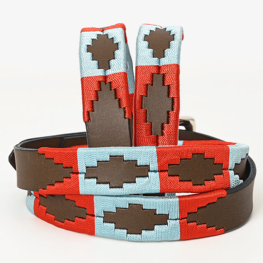 Bar H Equine Western Brown Full Grain Genuine Leather Men & Women Belt Embroidered Red Light Blue with Buckle