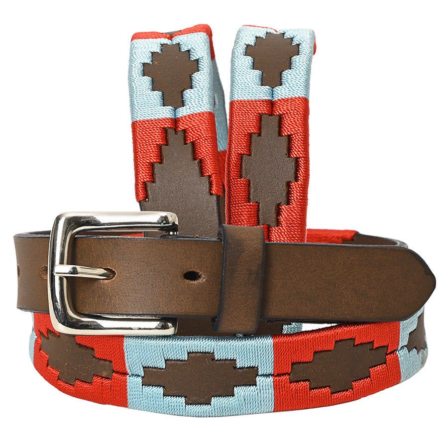 BAR H EQUINE Western Genuine Leather Men And Women Brown Belt Embroidered Red and Light Blue - Uhorse
