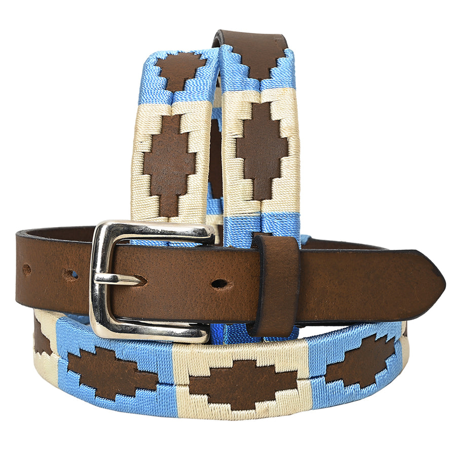 BAR H EQUINE Western Genuine Leather Men And Women Brown Belt Embroidered Beige and Light Blue - Uhorse