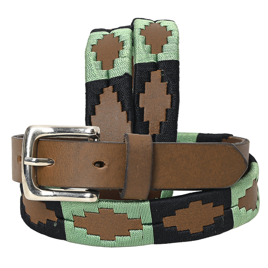 BAR H EQUINE Western Genuine Leather Men And Women Brown Belt Embroidered Black and Light Green - Uhorse