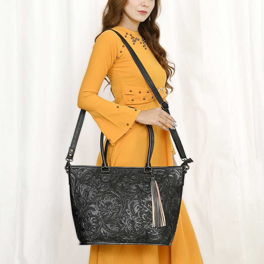American Darling Hand Tooled Western Tote Bag – Floral Carved Genuine Leather Tote with Tassel | 12in (H) X 18in (W) X 5in (D)