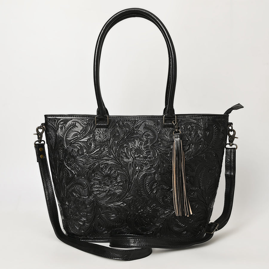 American Darling Hand Tooled Western Tote Bag – Floral Carved Genuine Leather Tote with Tassel | 12in (H) X 18in (W) X 5in (D)