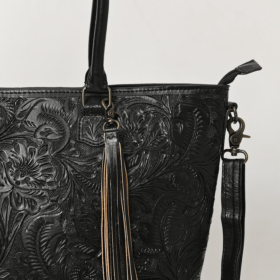 American Darling Hand Tooled Western Tote Bag – Floral Carved Genuine Leather Tote with Tassel | 12in (H) X 18in (W) X 5in (D)