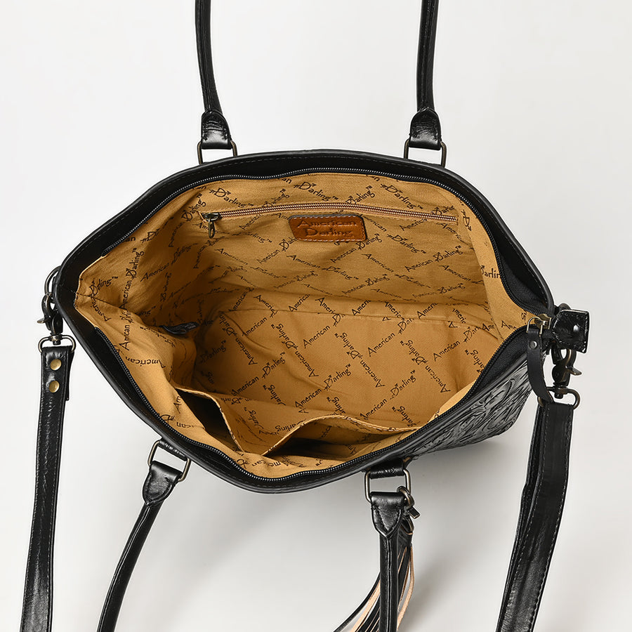 American Darling Hand Tooled Western Tote Bag – Floral Carved Genuine Leather Tote with Tassel | 12in (H) X 18in (W) X 5in (D)