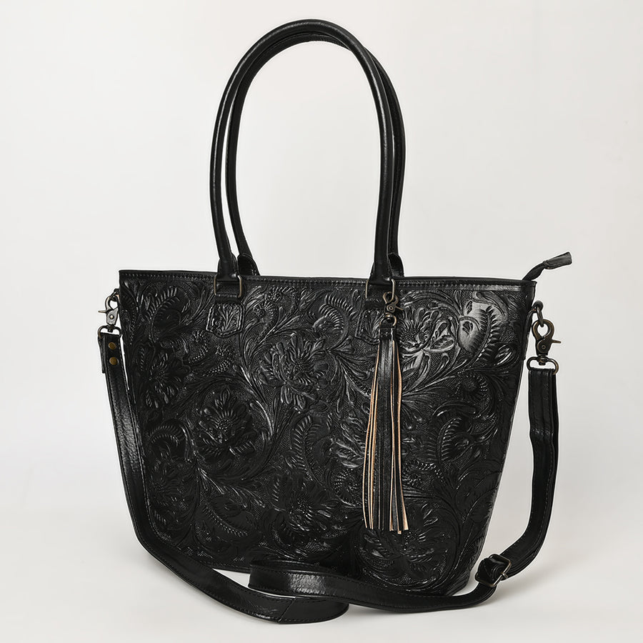 American Darling Hand Tooled Western Leather Tote Bag with Floral Carving and Tassel - Genuine Leather - Uhorse