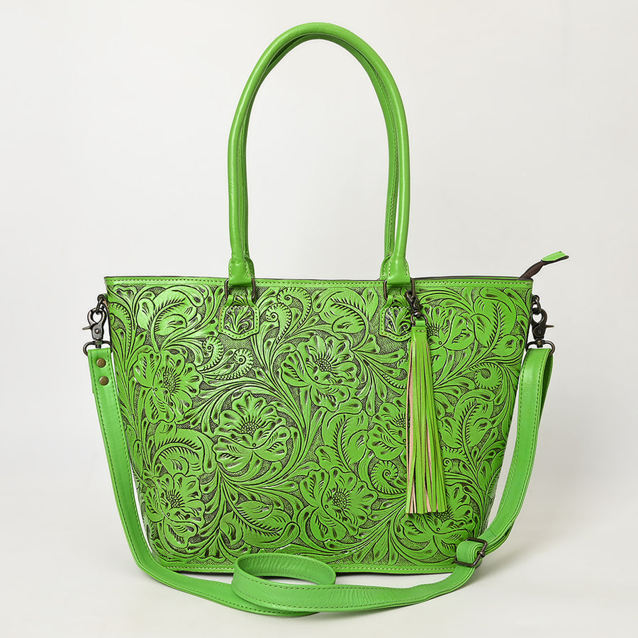 American Darling Hand Tooled Western Tote Bag – Floral Carved Genuine Leather Tote with Tassel | 12in (H) X 18in (W) X 5in (D)