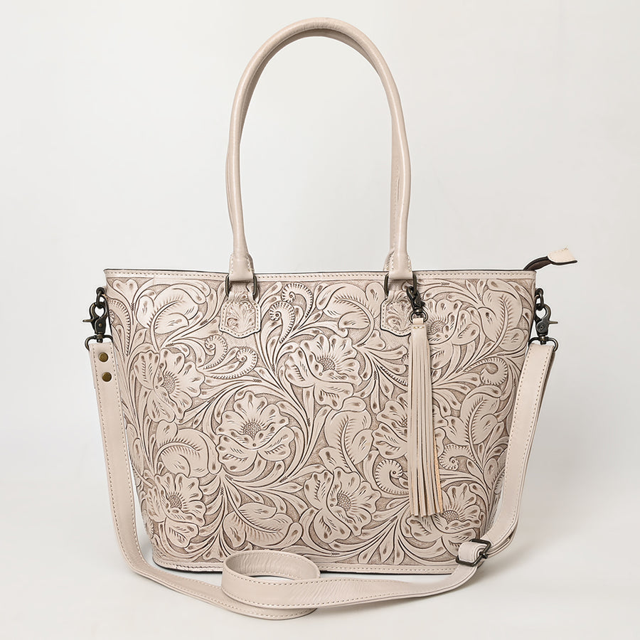 American Darling Hand Tooled Western Tote Bag – Floral Carved Genuine Leather Tote with Tassel | 12in (H) X 18in (W) X 5in (D)