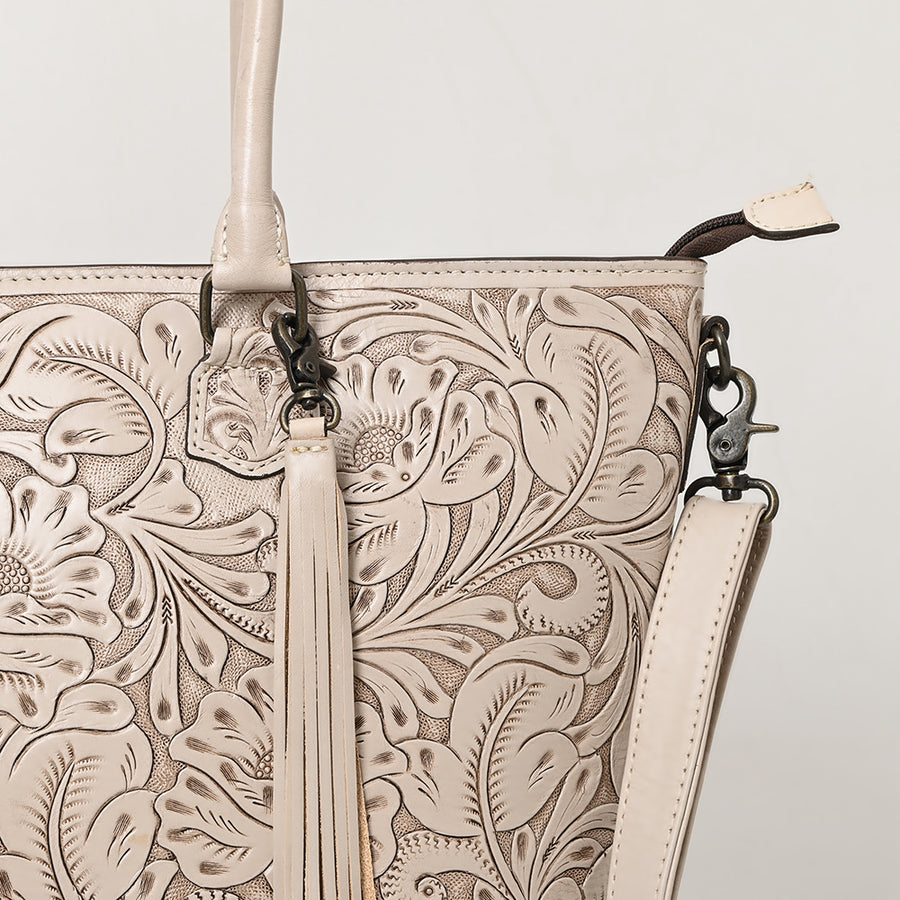 American Darling Hand Tooled Western Tote Bag – Floral Carved Genuine Leather Tote with Tassel | 12in (H) X 18in (W) X 5in (D)