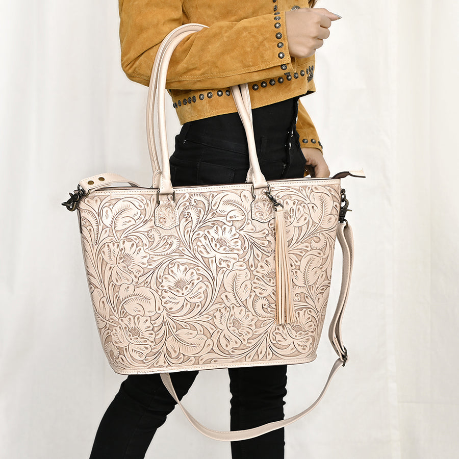 American Darling Hand Tooled Western Tote Bag – Floral Carved Genuine Leather Tote with Tassel | 12in (H) X 18in (W) X 5in (D)