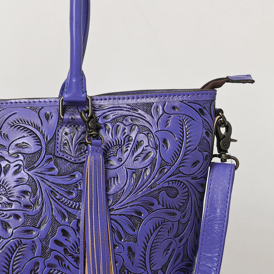 American Darling Hand Tooled Western Tote Bag – Floral Carved Genuine Leather Tote with Tassel | 12in (H) X 18in (W) X 5in (D)
