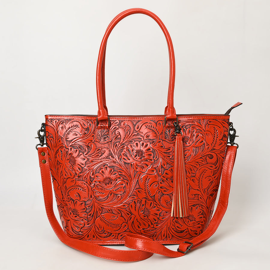 American Darling Hand Tooled Western Tote Bag – Floral Carved Genuine Leather Tote with Tassel | 12in (H) X 18in (W) X 5in (D)