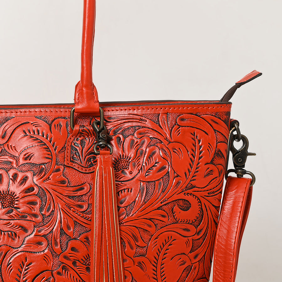 American Darling Hand Tooled Western Tote Bag – Floral Carved Genuine Leather Tote with Tassel | 12in (H) X 18in (W) X 5in (D)