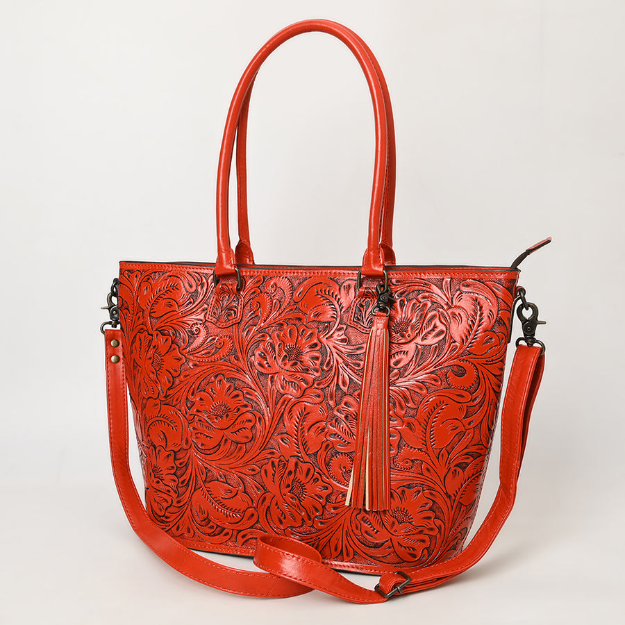 American Darling Hand Tooled Western Leather Tote Bag with Floral Carving and Tassel - Genuine Leather - Uhorse