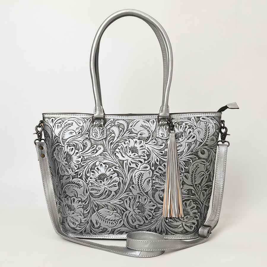 American Darling Hand Tooled Western Tote Bag – Floral Carved Genuine Leather Tote with Tassel | 12in (H) X 18in (W) X 5in (D)