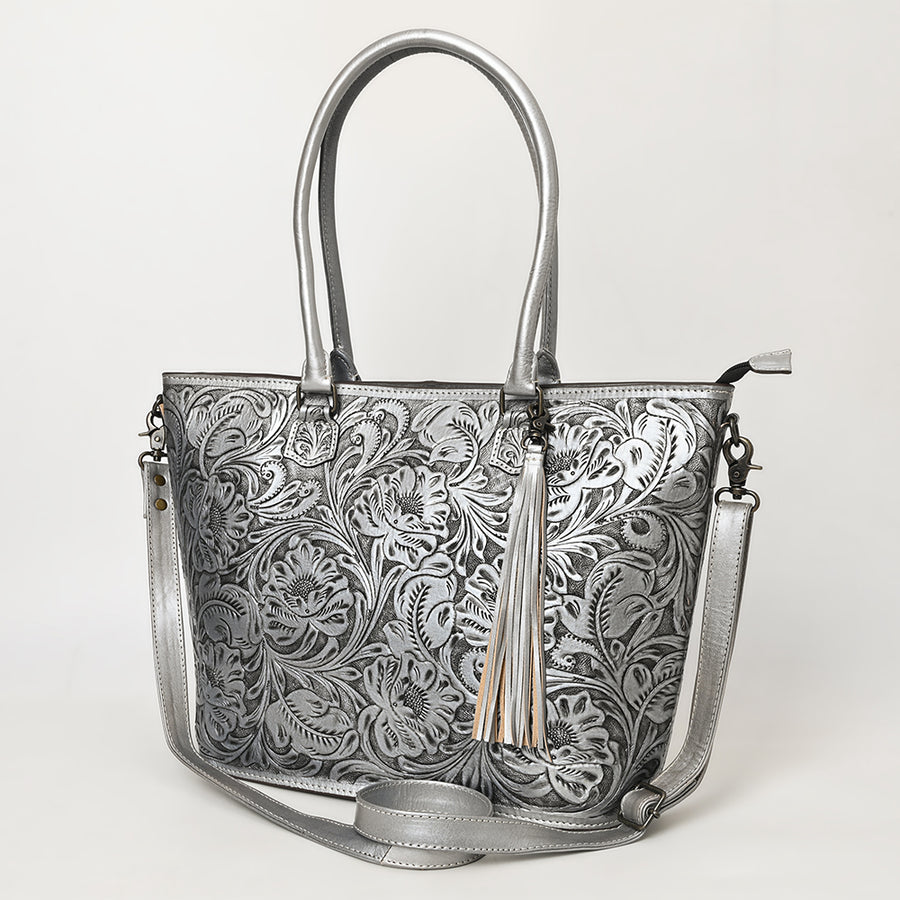 American Darling Hand Tooled Western Leather Tote Bag with Floral Carving and Tassel - Genuine Leather - Uhorse