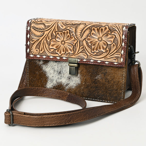 American Darling Western Leather Small Cross Body Bag with Hand-Tooled Floral Detailing and Cowhide Panel - Uhorse