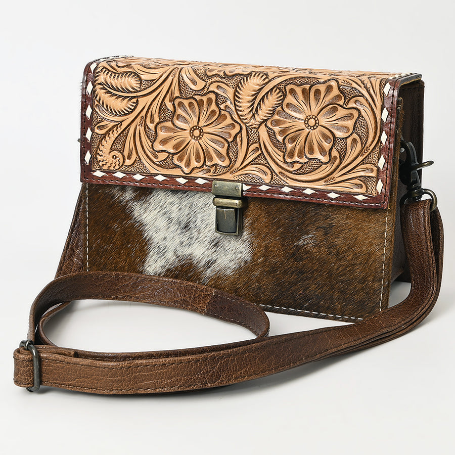 American Darling Western Leather Small Cross Body Bag with Hand-Tooled Floral Detailing and Cowhide Panel - Uhorse