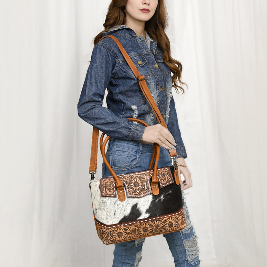 American Darling Western Tote Bag – Genuine Leather Hair-On Cowhide with Hand-Tooled Floral Carving for Everyday Western Style