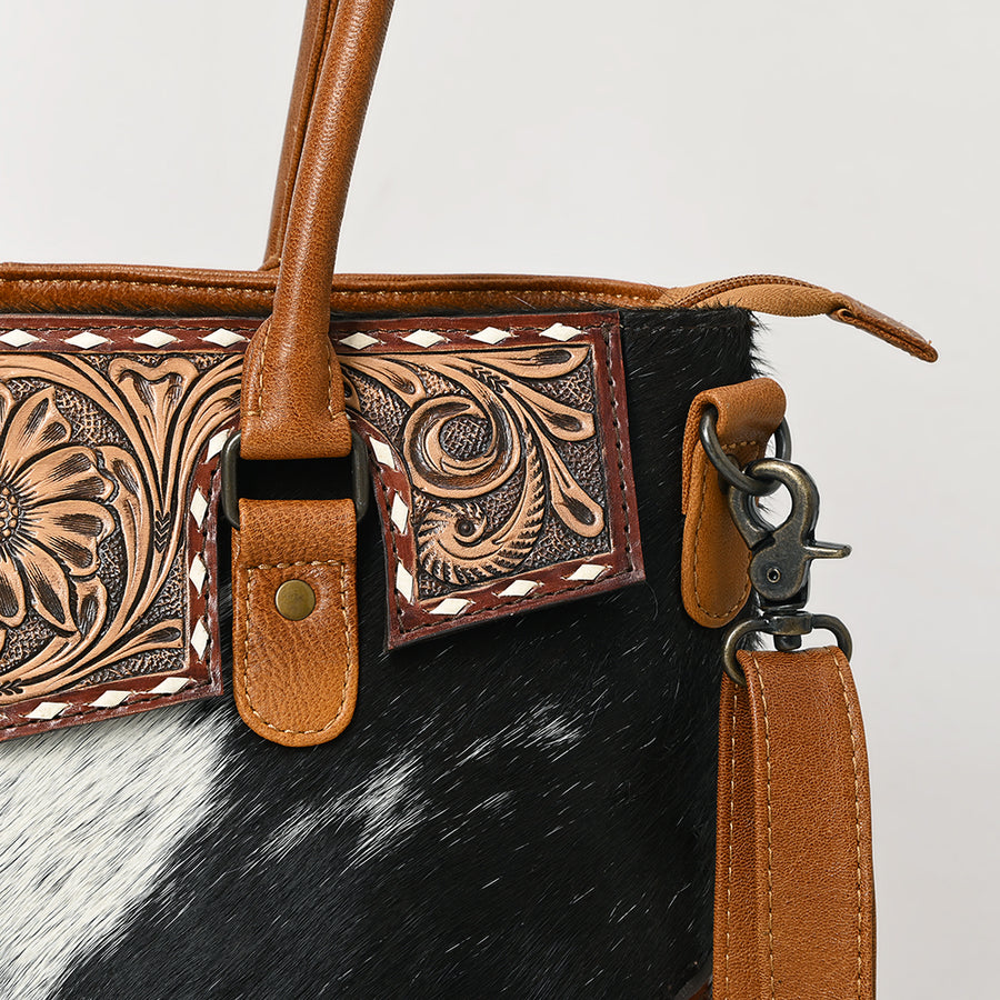 American Darling Western Tote Bag – Genuine Leather Hair-On Cowhide with Hand-Tooled Floral Carving for Everyday Western Style