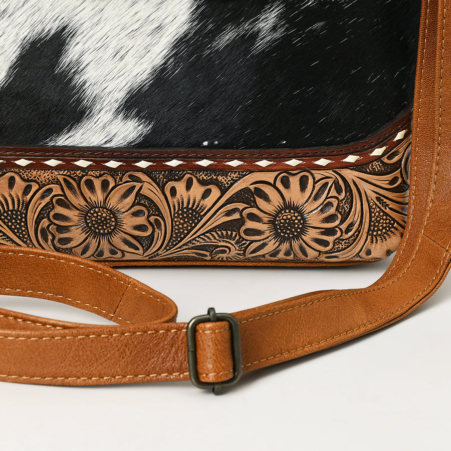 American Darling Western Tote Bag – Genuine Leather Hair-On Cowhide with Hand-Tooled Floral Carving for Everyday Western Style