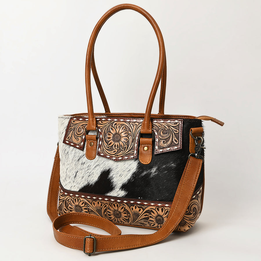 American Darling Western Leather Tote Bag with Hand-Tooled Floral Carving and Hair-On Cowhide Panel - Uhorse