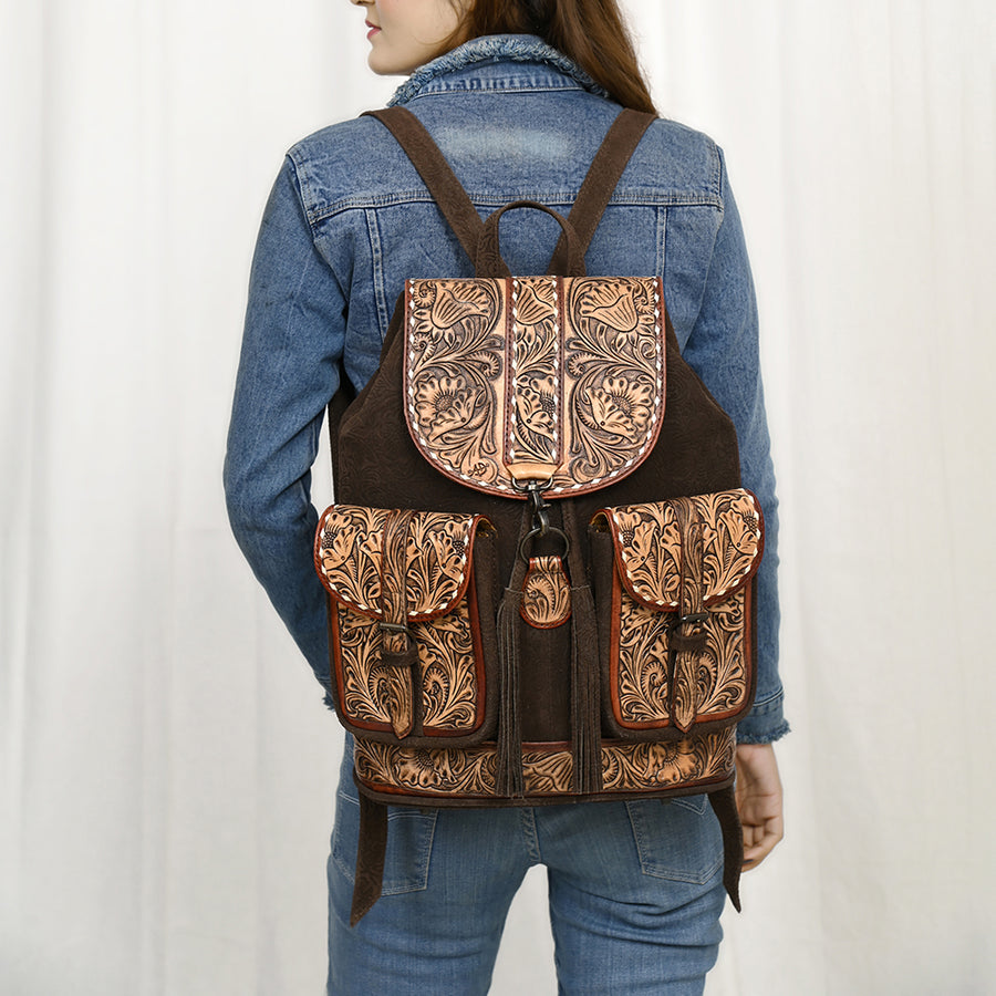 Western Leather Backpack Bag with Hand-Tooled Floral Carving, Genuine Suede Leather, Adjustable Straps, Spacious Interior, Premium Craftsmanship