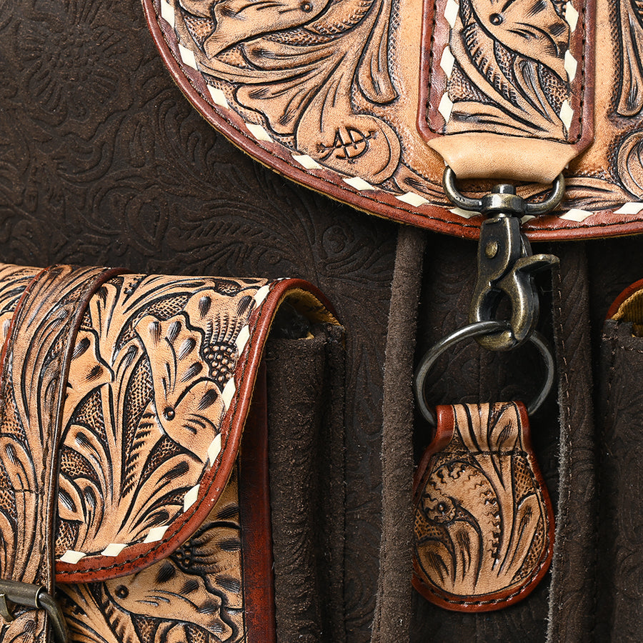 Western Leather Backpack Bag with Hand-Tooled Floral Carving, Genuine Suede Leather, Adjustable Straps, Spacious Interior, Premium Craftsmanship