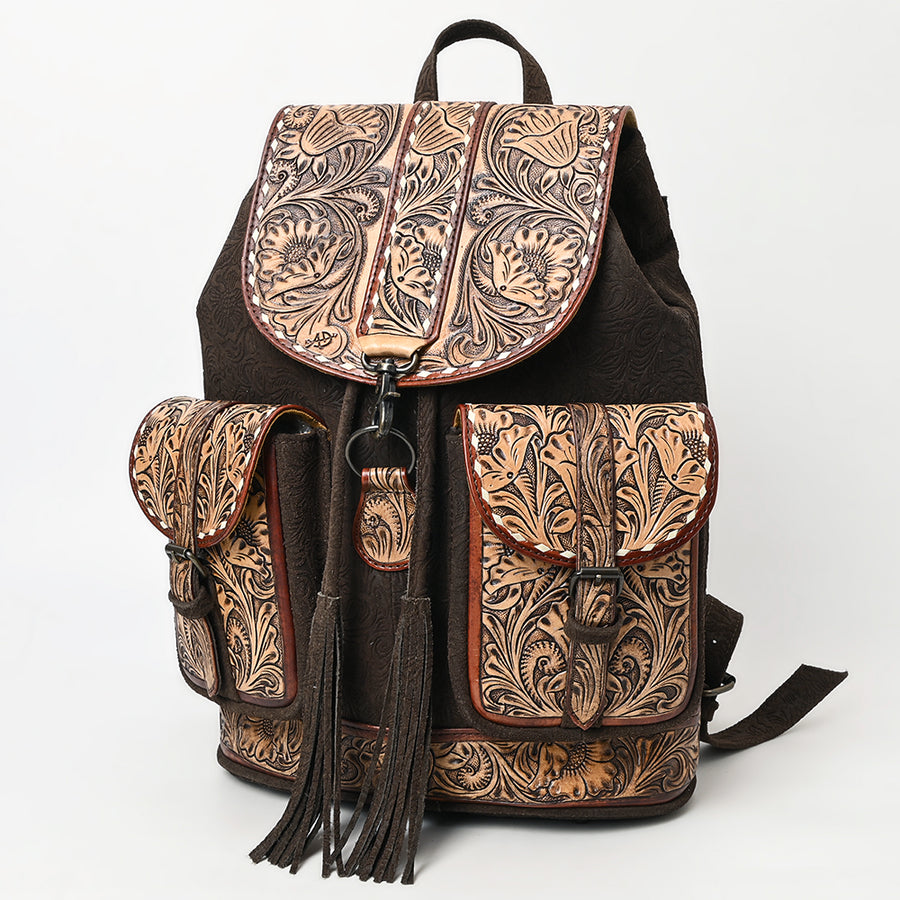 American Darling Western Leather Backpack Bag with Hand-Tooled Floral Detailing and Genuine Suede Leather - Uhorse