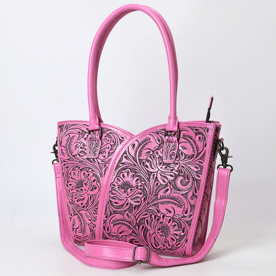 American Darling Pink Western Leather Tote Bag | Hand-Tooled Floral Carved Genuine Leather Tote - Uhorse