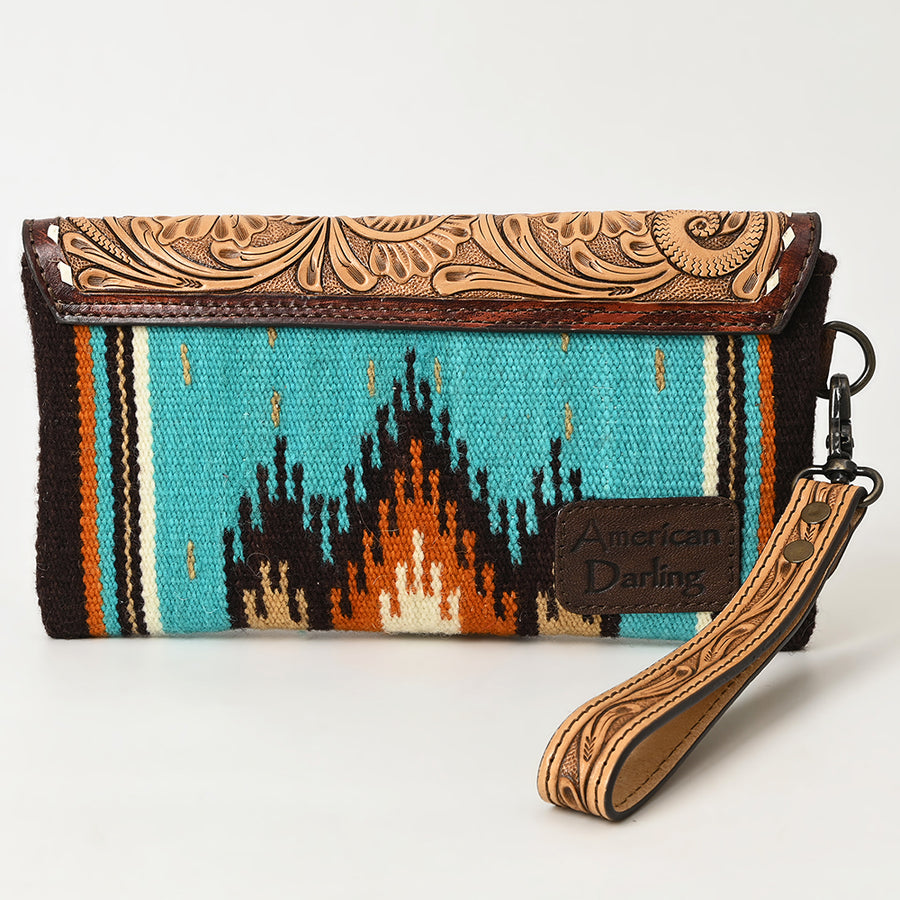 American Darling Hand Tooled Leather Western Wristlet Bag with Floral Carved Flap and Hand Woven Saddle Blanket 6in (H) X 11in (W)