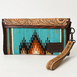 American Darling Wristlet Hand Tooled Upcycled Wool Genuine Leather Women Bag Western Handbag Purse