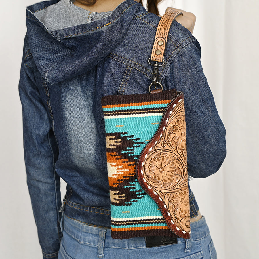 American Darling Hand Tooled Leather Western Wristlet Bag with Floral Carved Flap and Hand Woven Saddle Blanket 6in (H) X 11in (W)