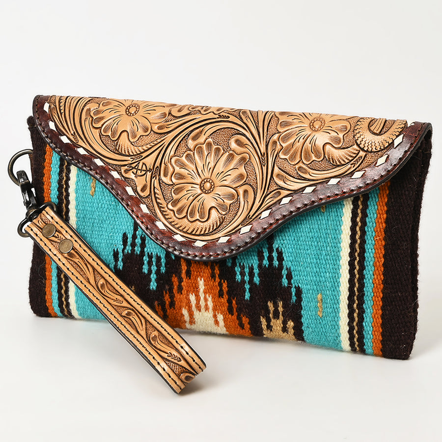American Darling Hand Tooled Leather Western Wristlet Bag with Saddle Blanket and Floral Carved Flap - Uhorse