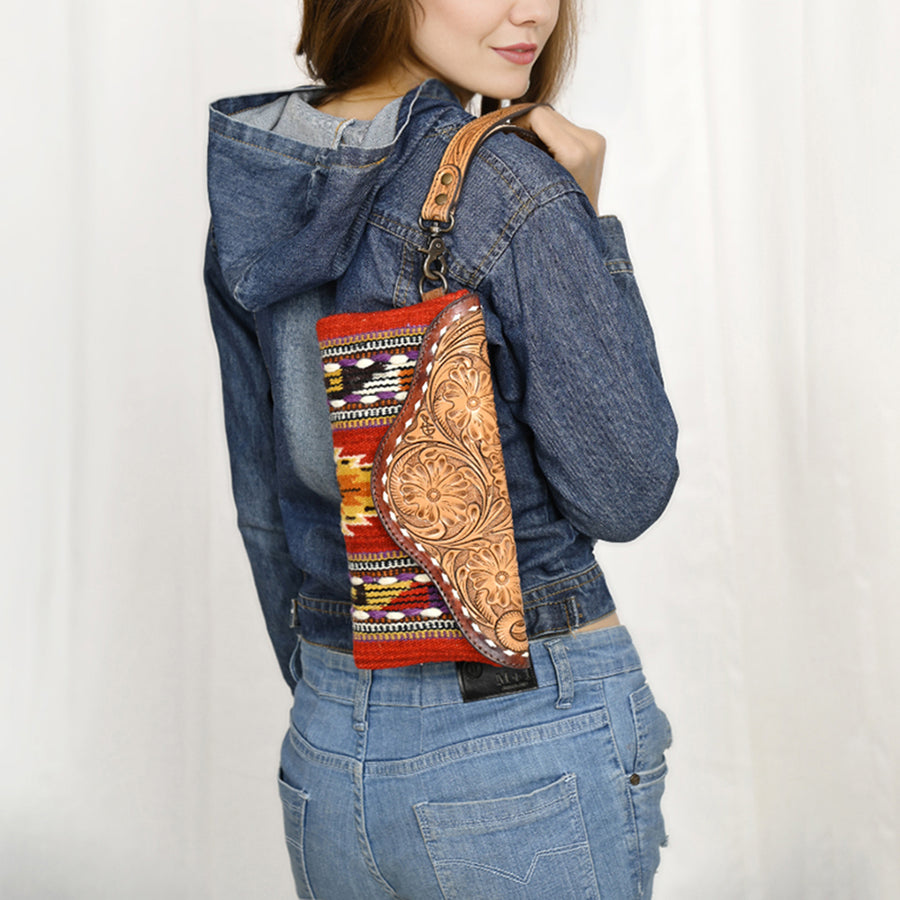 American Darling Hand Tooled Leather Western Wristlet Bag with Floral Carved Flap and Hand Woven Saddle Blanket 6in (H) X 11in (W)
