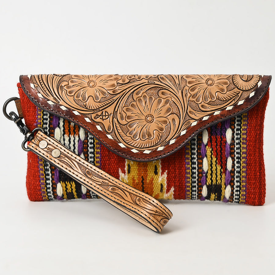 American Darling Hand Tooled Leather Western Wristlet Bag with Floral Carved Flap and Hand Woven Saddle Blanket 6in (H) X 11in (W)