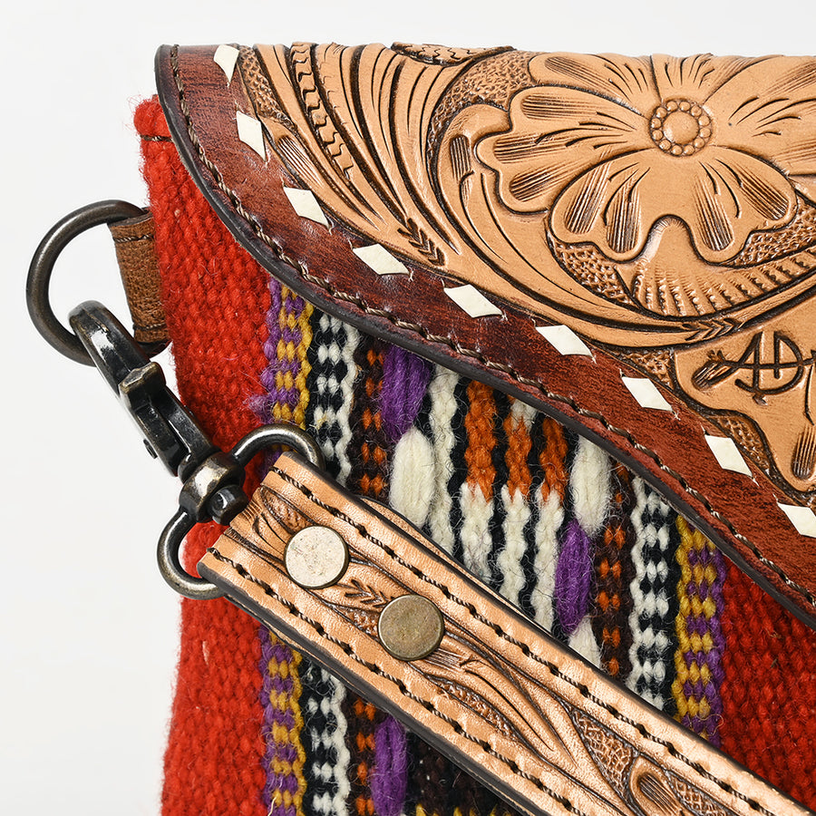 American Darling Hand Tooled Leather Western Wristlet Bag with Floral Carved Flap and Hand Woven Saddle Blanket 6in (H) X 11in (W)