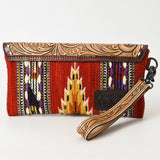 American Darling Wristlet Hand Tooled Upcycled Wool Genuine Leather Women Bag Western Handbag Purse