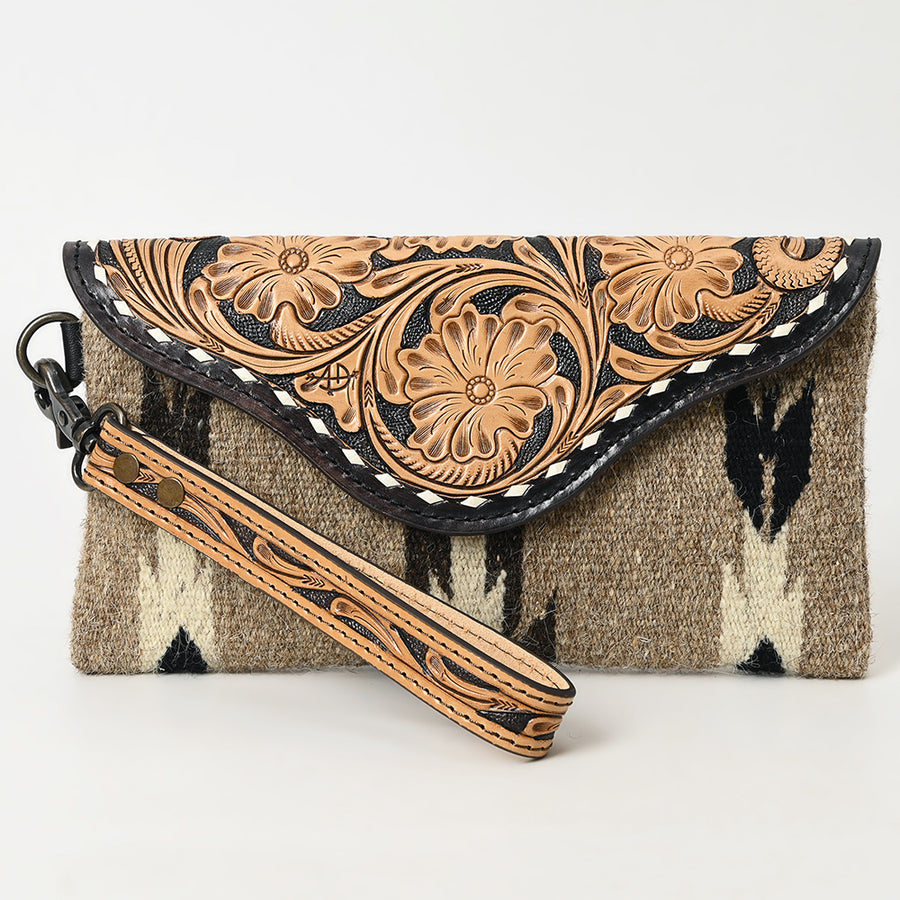 American Darling Hand Tooled Leather Western Wristlet Bag with Floral Carved Flap and Hand Woven Saddle Blanket 6in (H) X 11in (W)