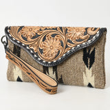 American Darling Wristlet Hand Tooled Upcycled Wool Genuine Leather Women Bag Western Handbag Purse