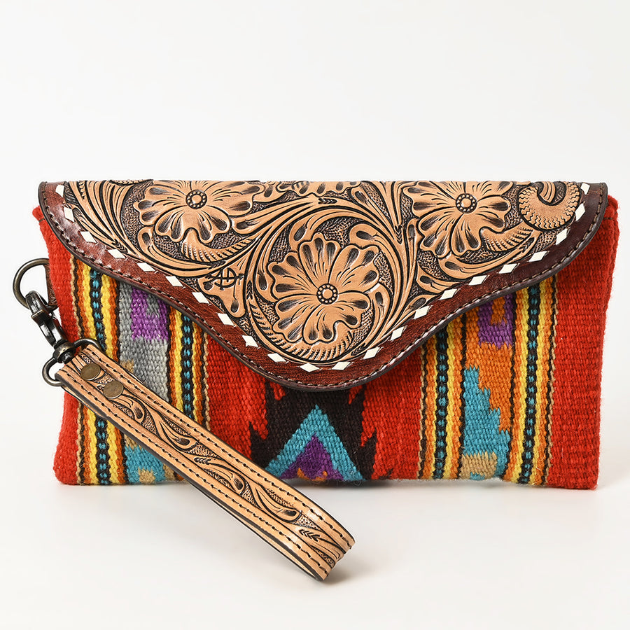 American Darling Hand Tooled Leather Western Wristlet Bag with Floral Carved Flap and Hand Woven Saddle Blanket 6in (H) X 11in (W)