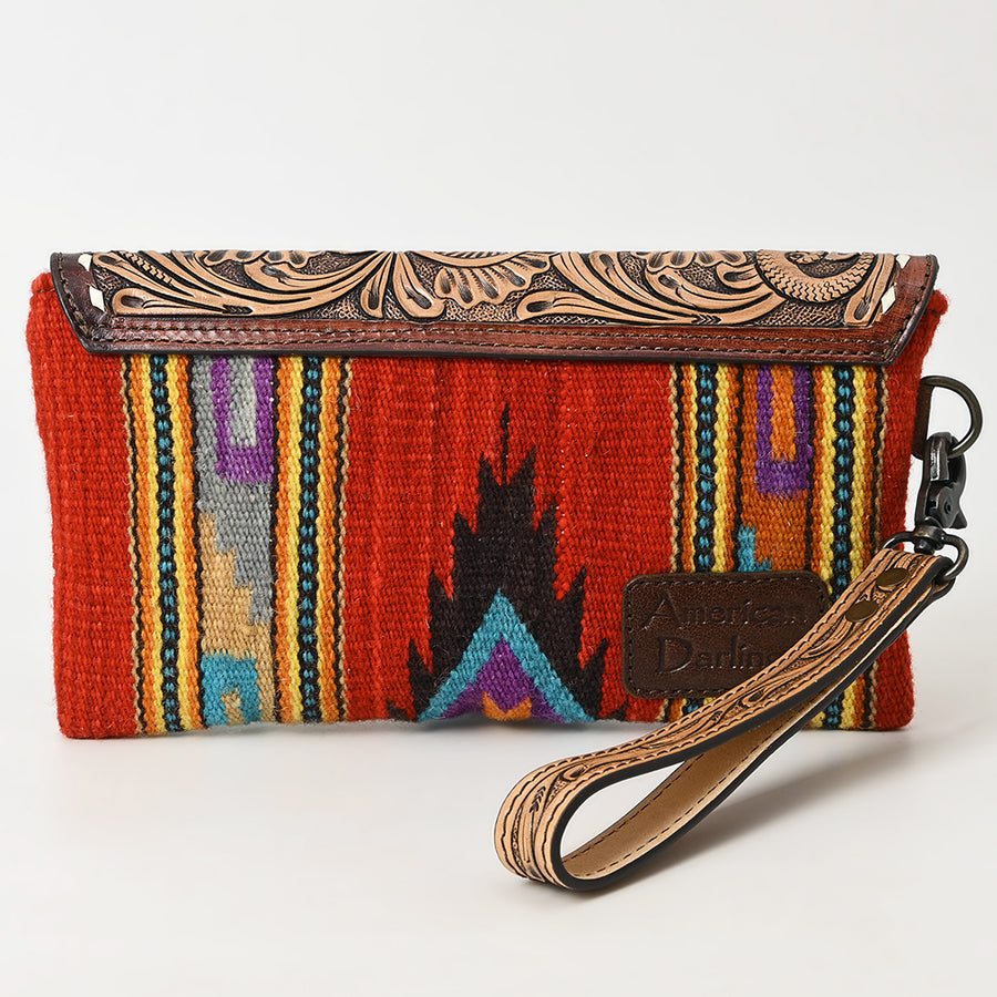 American Darling Hand Tooled Leather Western Wristlet Bag with Floral Carved Flap and Hand Woven Saddle Blanket 6in (H) X 11in (W)