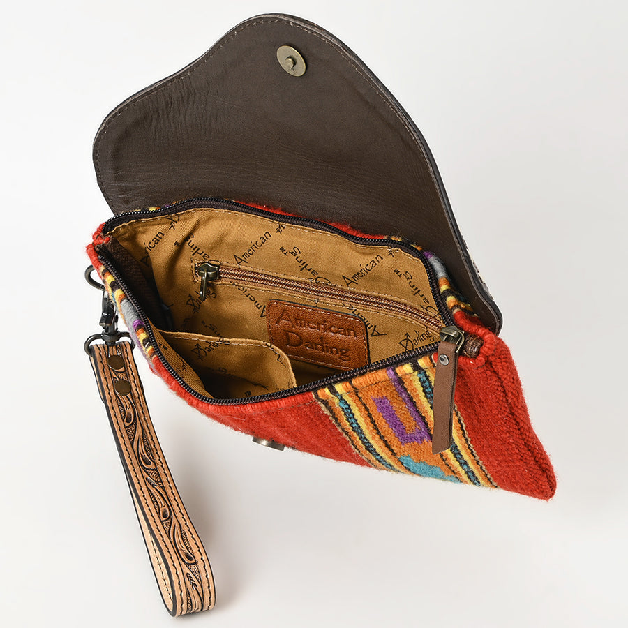 American Darling Hand Tooled Leather Western Wristlet Bag with Floral Carved Flap and Hand Woven Saddle Blanket 6in (H) X 11in (W)