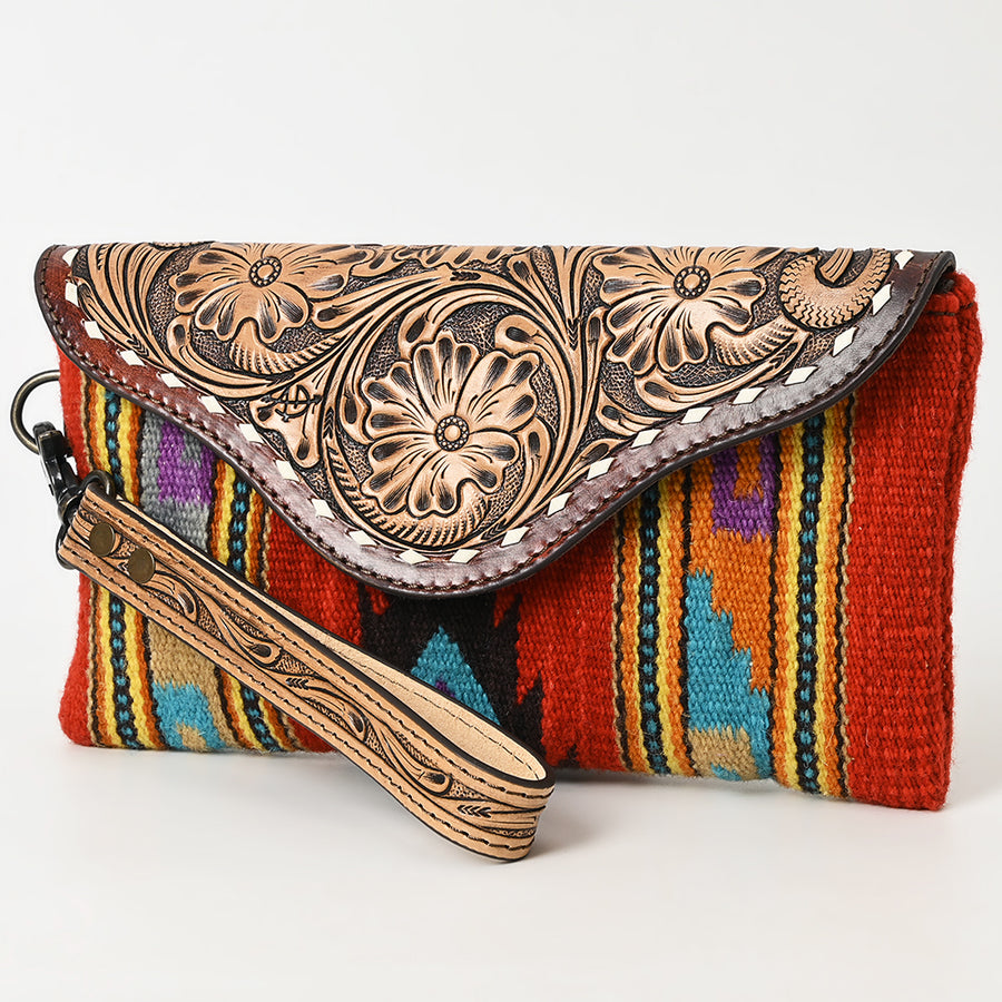 American Darling Hand Tooled Leather Western Wristlet Bag with Saddle Blanket and Floral Carved Flap - Uhorse