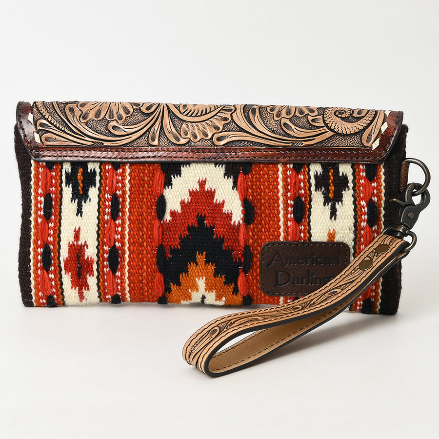 American Darling Hand Tooled Leather Western Wristlet Bag with Floral Carved Flap and Hand Woven Saddle Blanket 6in (H) X 11in (W)