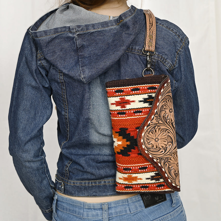 American Darling Hand Tooled Leather Western Wristlet Bag with Floral Carved Flap and Hand Woven Saddle Blanket 6in (H) X 11in (W)