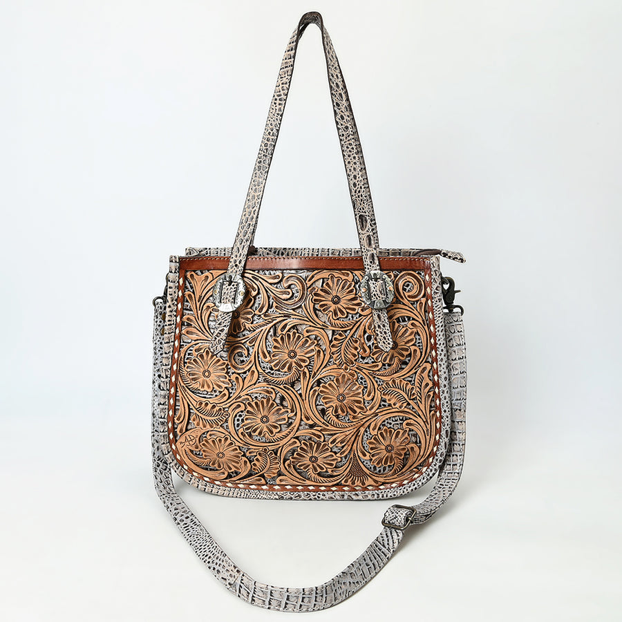 American Darling Western Tote Bag – Hand-Tooled Floral Leather Front, Croc-Embossed Back, Premium Genuine Leather, Everyday Carry